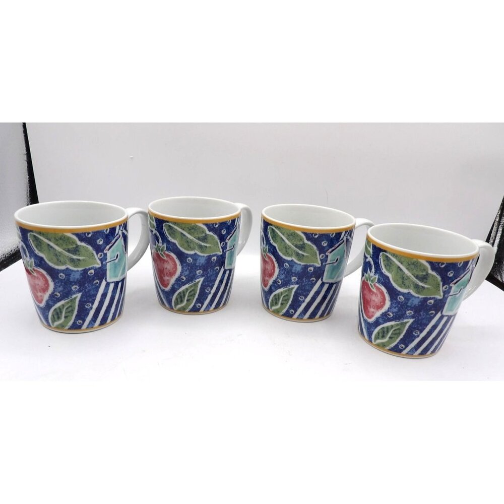 Pfalzgraff Coffee Mugs  Set of 4 "Atmosphere" Blue White  Stripe & Floral
